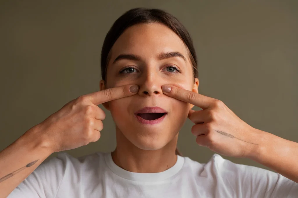 mujer joven realizando ejercicio de estiramiento facial